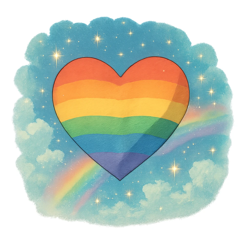pride heart, gentle shading, magical atmosphere, rainbow colors, ghibli style sticker