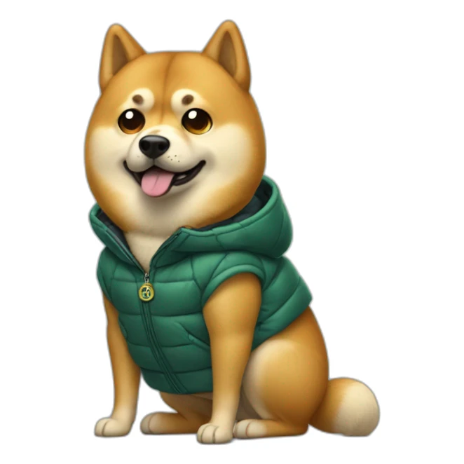 Bulked Doge in puffer jacket holding bitcoin sticker