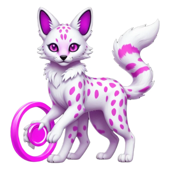 Realistic pristine white fur body with neon-glowing-magenta ring-markings Grem2-Gremz-serval-panther-Sergal-fusion, full body  sticker