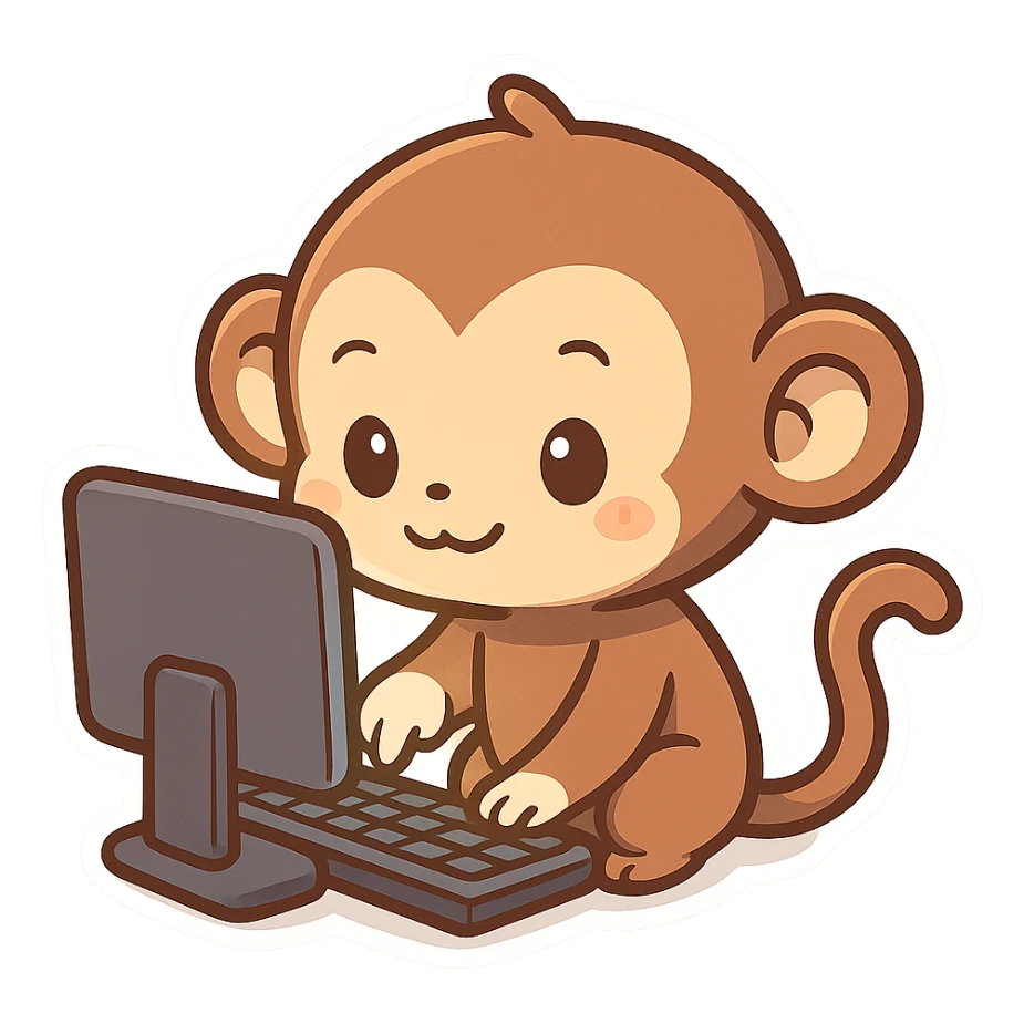 cartoon style monkey tapping keyboard with paw, glowing computer screen, simple background sticker
