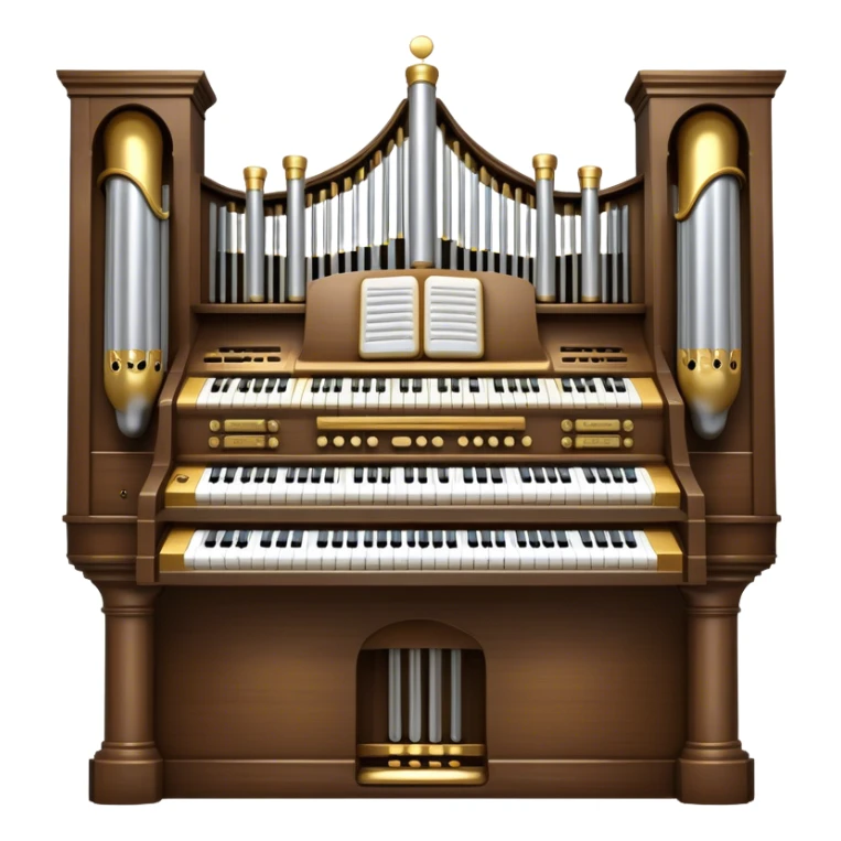 Create an elegant and majestic emoji representing a classical church organ. The emoji should feature the grand pipes of the organ in the background, with visible details of the keys and pedalboard in the foreground. The pipes should be tall and impressive, with a mixture of gold, silver, and metallic shades to emphasize the grandeur of the instrument. The keyboard and pedals should be well-defined, capturing the intricate craftsmanship of the organ. Use dark wood tones and gold accents for the body of the instrument to give it a rich, historic feel. Add subtle musical notes around the organ to evoke its deep, resonant sound. The background should be transparent. sticker
