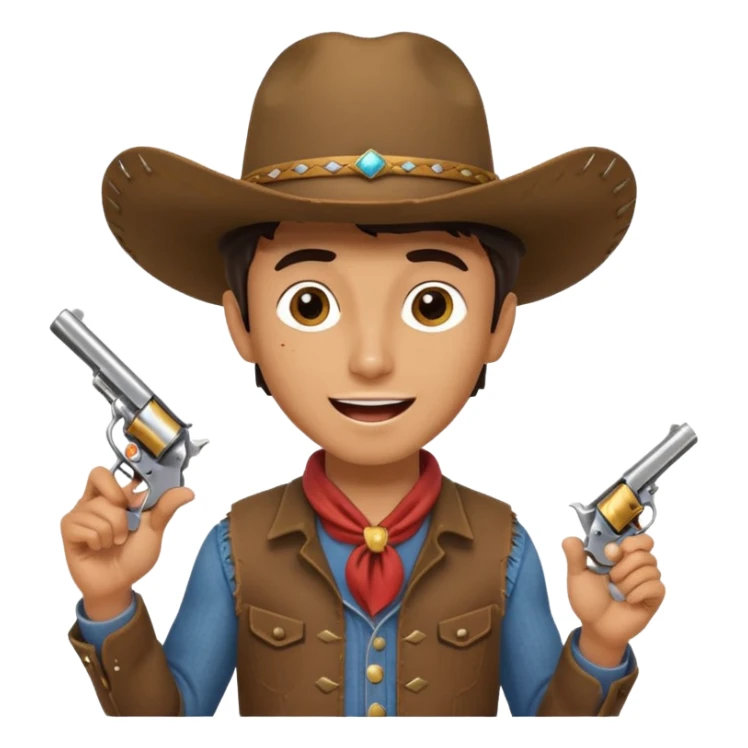 A young cowboy with oversized boots, excited expression, and a tiny toy revolver.
 sticker