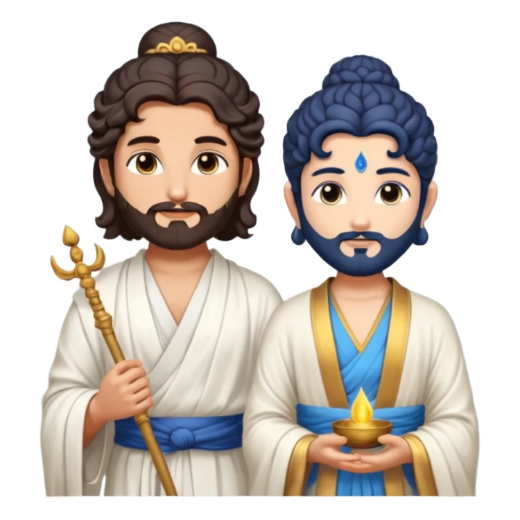 Create a Jesus - long wavy dark-brown hair, short beard, wearing a simple white robe., Krishna- blue skin with dark curled hair , and Buddha standing together. Buddha: warm golden or light tan skin, dark curled hair with a traditional top bun (ushnisha)

 sticker