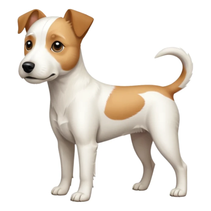 a full body facing front on of a buff white parson russell terrier looking dog the size of a kelpie with light brown long ears and a light brown patch on one eye and a large snout. the rest of the dog is completely white.  sticker