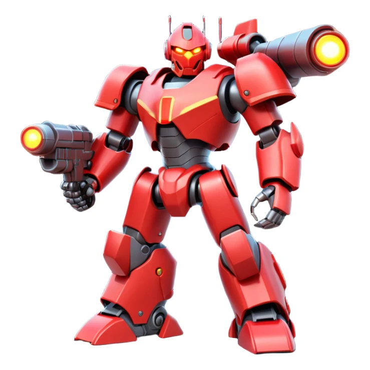 powerful battle robot, bulky armor, sharp edges, glowing red lights, large shoulder cannons, intimidating pose, 3D cartoon, mobile game icon style, clean background, no text, no watermark
 sticker
