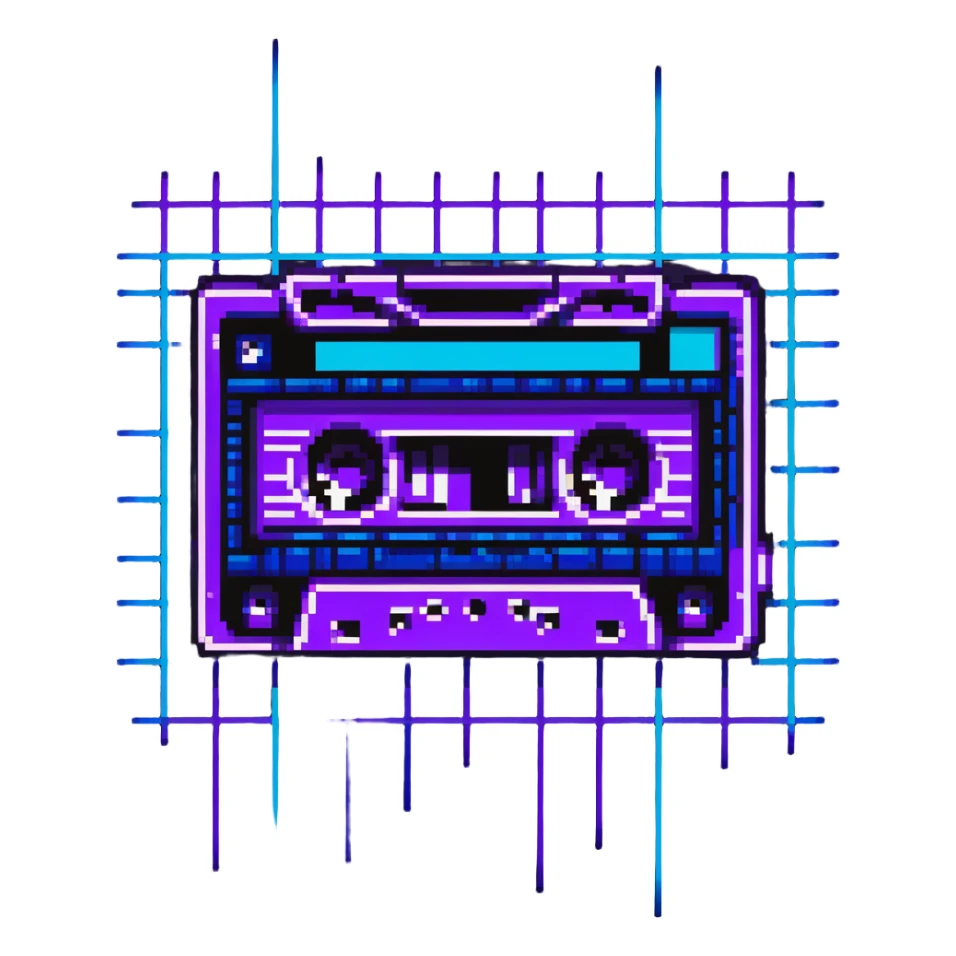 cassette tape with purple and blue neon colors and retro grid background sticker