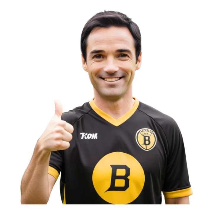 Illustration d’un personnage de style anime/manga, reprenant les traits suivants : homme de 41 ans avec une coupe de cheveux courte et noire légèrement en bataille assez court, des sourcils épais et expressifs, un grand sourire chaleureux avec les yeux plissés. Il porte un maillot de sport noir avec des détails jaunes et un logo sur la poitrine. L’image doit être optimisée pour une émote Twitch, avec un style cartoon épuré et expressif. Le personnage doit lever un pouce vers le haut en signe de validation et de félicitations. À côté de son pouce, l’inscription « GG » doit apparaître en lettres lisibles et dynamiques. L’arrière-plan doit être transparent et l’émote doit conserver une apparence propre et lisible même en petite taille. sticker