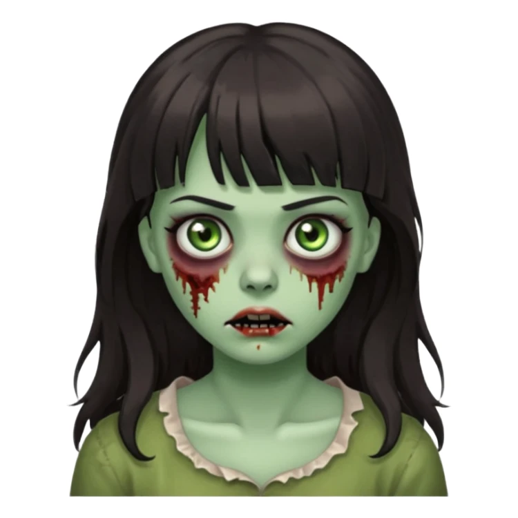 Zombie girl, with bangs above her eyebrows, her dark hair, thin eyebrows. Long hair and Wavy sticker