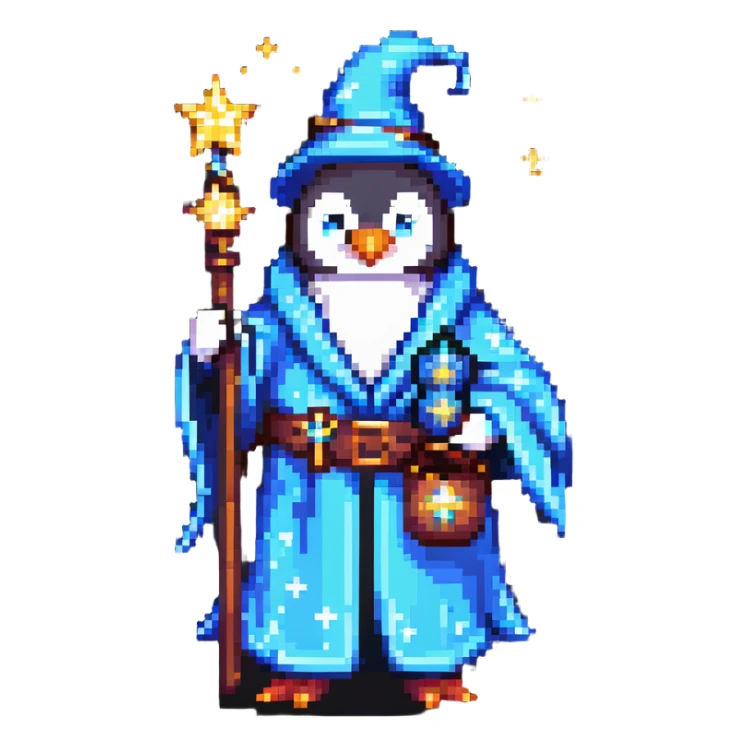Penguin wizard with robe and magical stars sticker