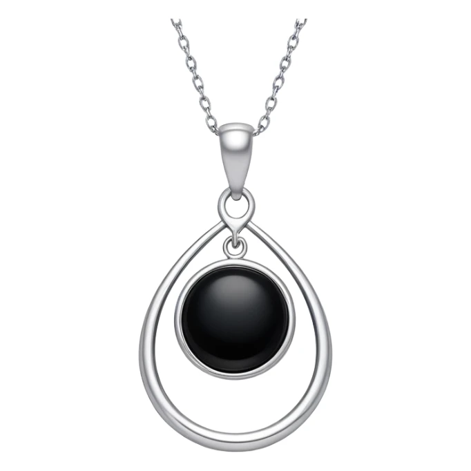 black onyx pendant with a faint white glow emerging from its center, symbolizing hidden power, on a delicate silver chain that flows like liquid sticker