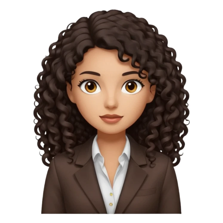 medium deep tan brown business woman with long black curly hair, light rosy cheeks, smoky eyes, dark brown eyes, wearing a dark brown blazer, white shirt sticker