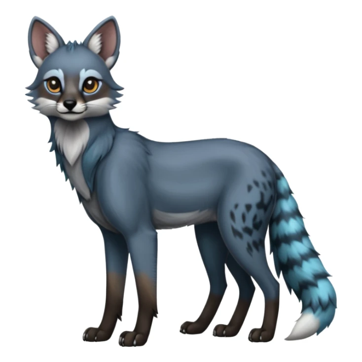 Realistic edgy cute cool bluish greyish blackish whitish silvery coppery Shiny Colorful Dusky Dark Gloomy Glossy Maned-Wolf-Genet-Caracal-Lion-Bobcat-fusion-animal-hybrid-creature, full body, tufted ears, long thin tufted tail sticker