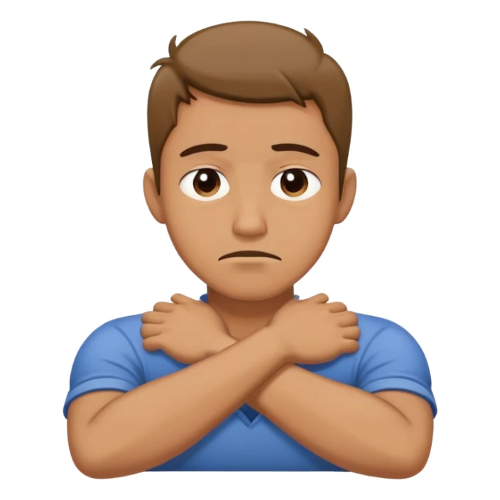 Guy grabbing his neck while his arms are crossed with a sad face sticker