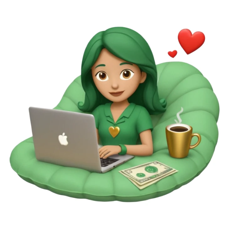 3D clay character relaxed with laptop and coffee, floating icons (envelope, heart, dollar), deep green (#0B3D2C) outfit, gold icons, cream laptop, Pixar style, transparent background sticker