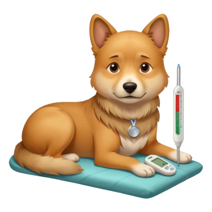 A sick dog lying down with a digital thermometer placed next to it, showing a fever.
The dog looks tired and weak, with a warm and cozy indoor atmosphere. sticker