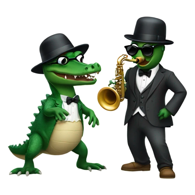 Gator with sunglasses and a bowler hat playing the saxophone and dancing sticker
