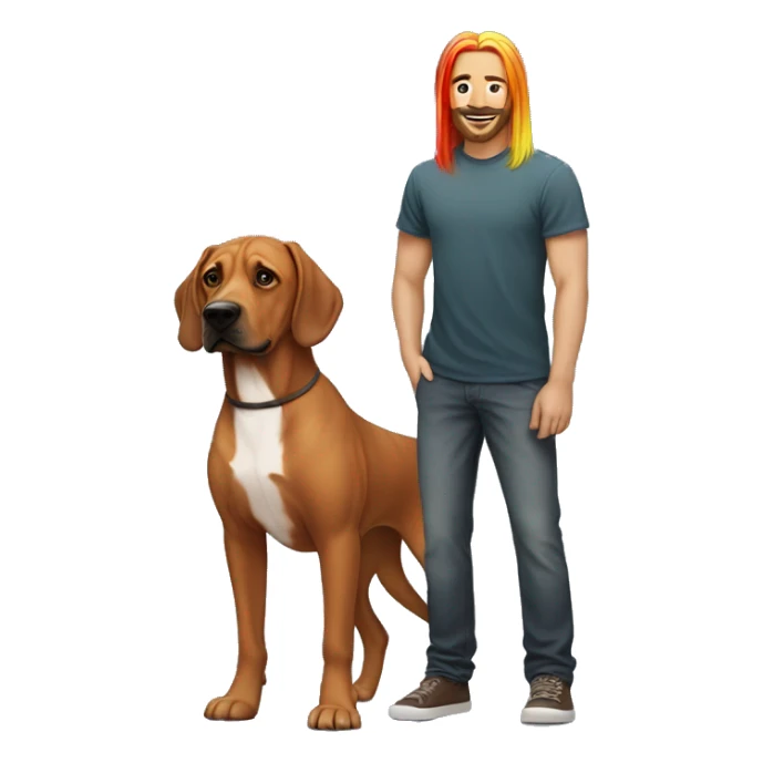 white male with long rainbow colored hair standing alongside a brown rhodesian ridgeback sticker