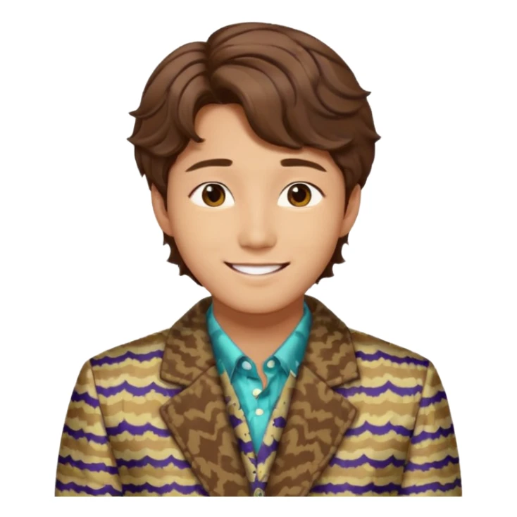 Design a Korean male idol with wavy brown hair, patterned jacket & cheerful smile, inspired by V of BTS. sticker