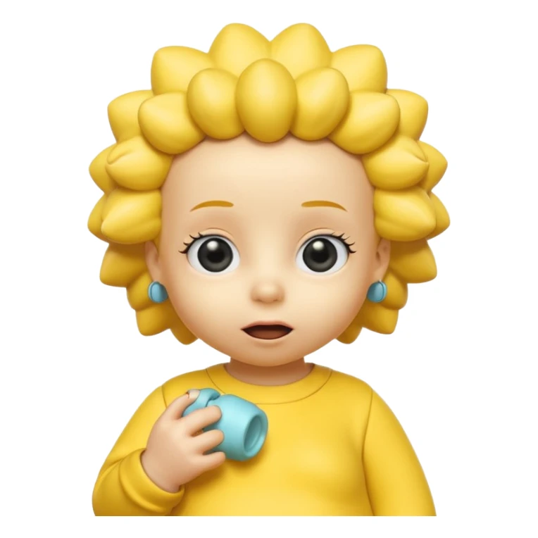 A 3D cartoon baby character yellow skin, styled like Maggie Simpson, with pacifier, yellow onesie, big eyes, smooth shading, Memoji-style rendering, consistent with other yellow Simpsons characters. sticker