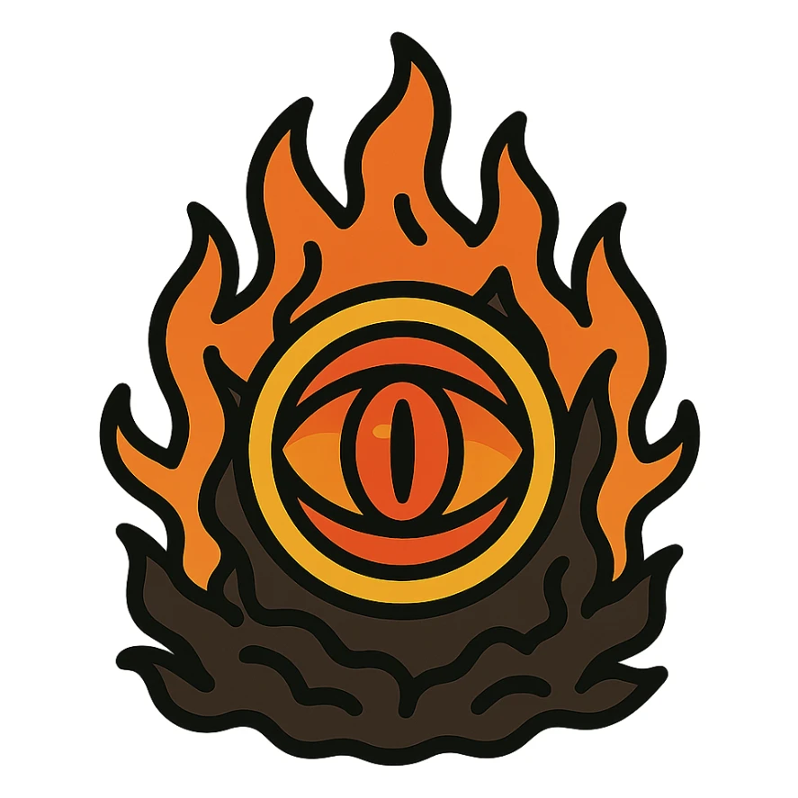 Sauron's eye, surrounded by fire and shadow, bold graphic style, vibrant colors sticker