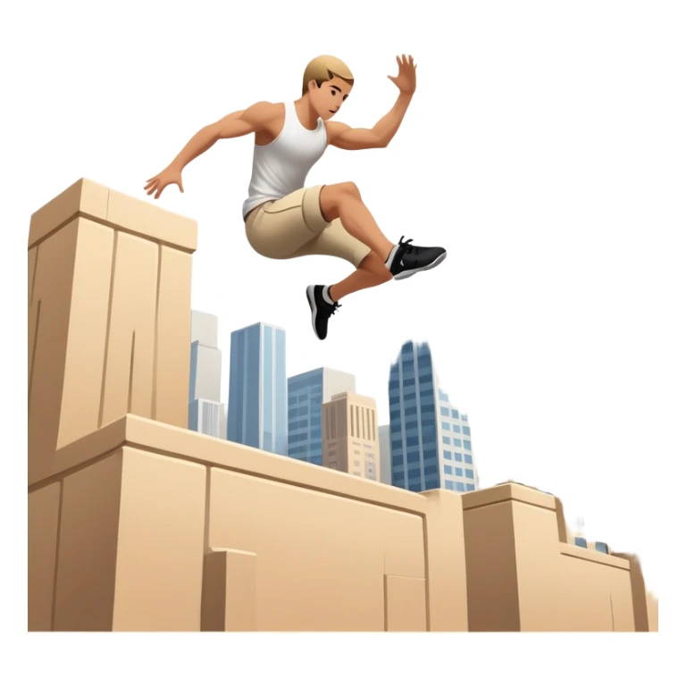 A person performing a parkour move, leaping between buildings or scaling a wall with agility and precision. The scene captures dynamic motion, showcasing strength, flexibility, and the thrill of urban acrobatics against an urban cityscape backdrop. sticker