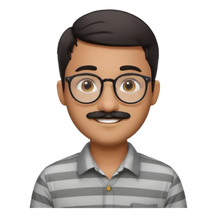 smiling young man with South Asian features, short dark hair, round glasses, thick black mustache, light grey striped collared shirt, cheerful, friendly and approachable, Apple emoji style, no background sticker