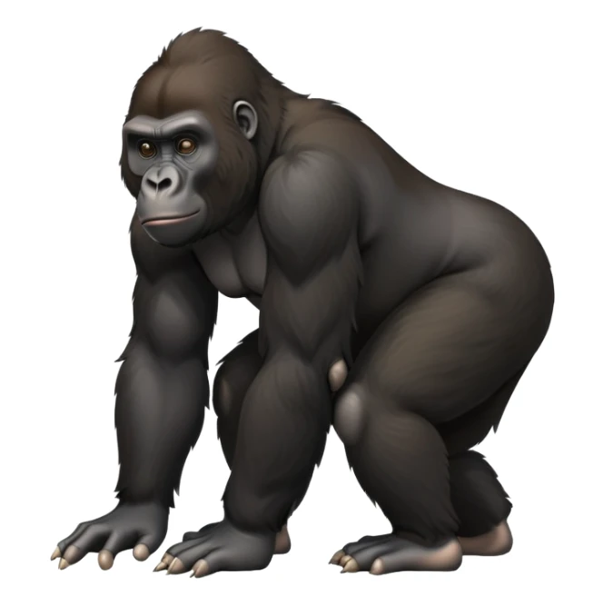 cinematic-friendly relaxed young gorilla-realistic-full-body-crouched on all fours on knuckles-emoji,-poised-with-confidence,-massive-arms-hanging-slightly-forward,-head-tilted-thoughtfully,-thick-black-fur, friendly ,-simplified-yet-realistic sticker