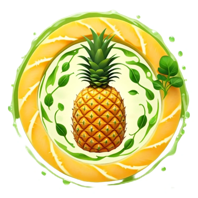 Golden pineapple slices, translucent papaya pieces, and green sprouts floating in a gentle spiral around a luminous stomach, with flowing light lines swirling like whirlpools, representing light, clean, and vibrant digestion. The foods emit a soft glow showing their enzymatic properties. sticker
