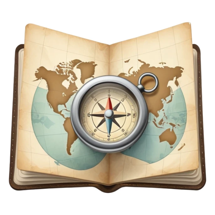 Folded travel map and compass with muted colors, not vibrant sticker