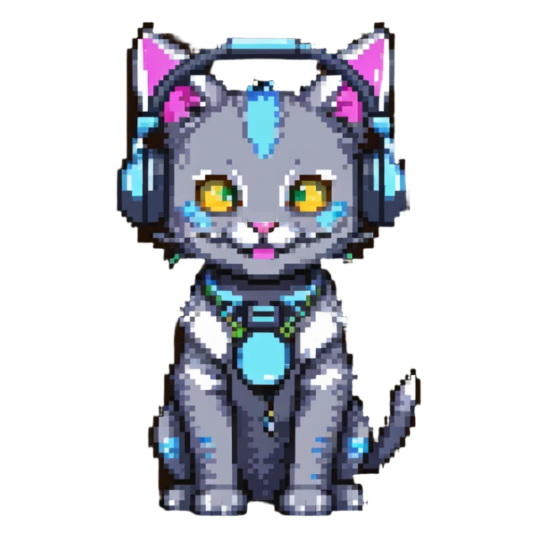a smiling cybercat wearing headphones sticker