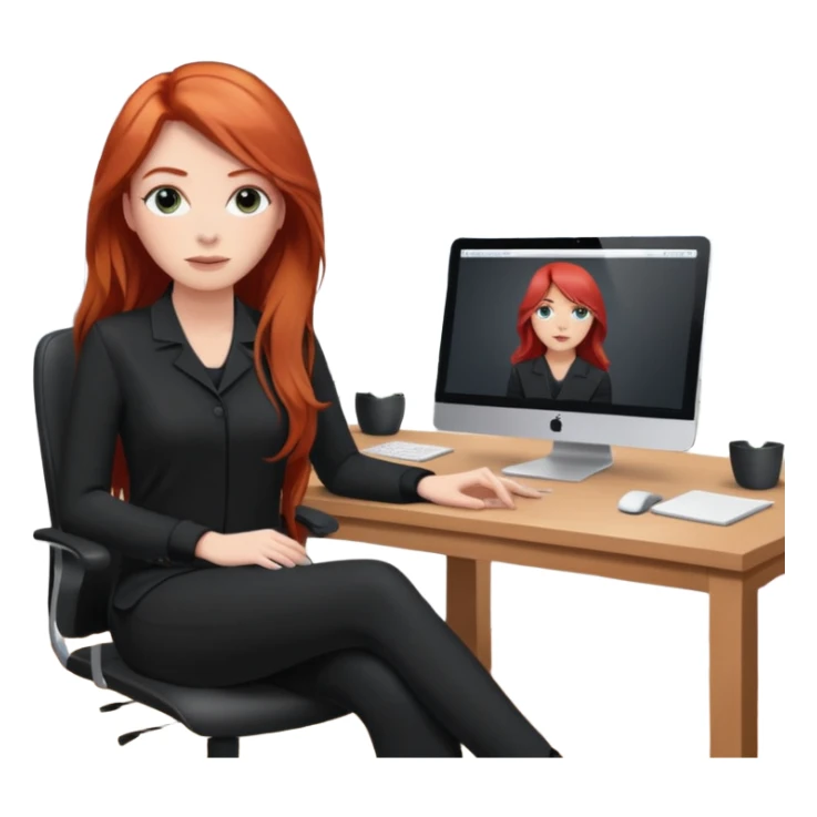 Video call therapy session: red-haired therapist with long hair wearing black minimalist clothing, seated in a professional home office, looking at the webcam; calm, modern teletherapy setting sticker