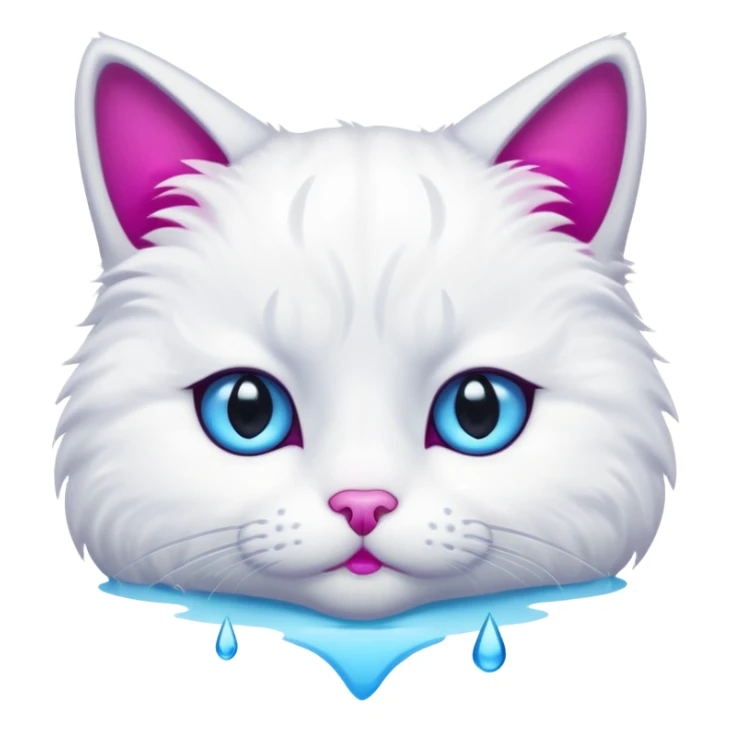 White cat, emphasized sad face, blue water tear drop below one eye, magenta eyes, black background, cute cartoon style sticker