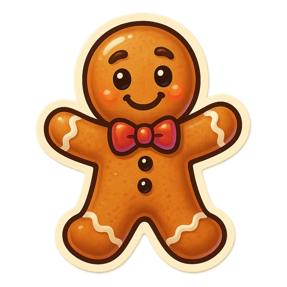 gingerbread man with a bow tie and cheerful face sticker