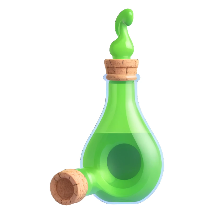 very realistic 3D transparent glass bottle with a cork, bottle shape clearly resembling a human ear, green elixir inside, no text sticker