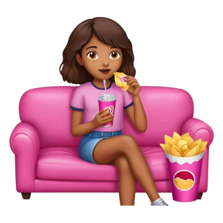 home brown girl with chips and soda drink at the pink sofa sticker