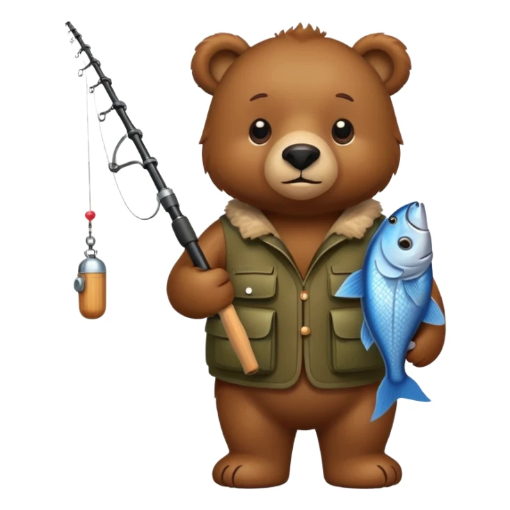 create a cartoon bear holding a fish and a fishing rod sticker