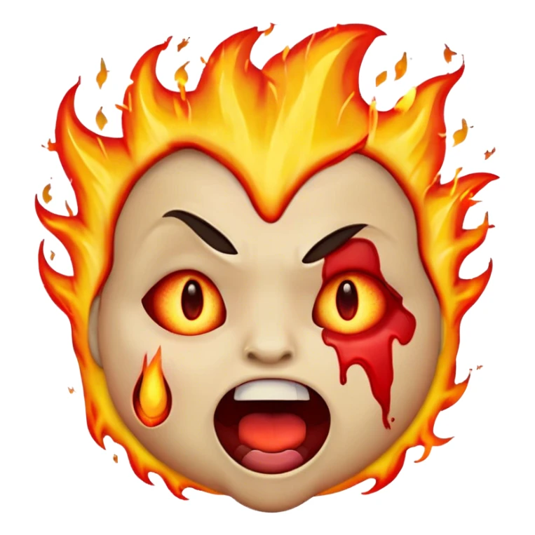 "A highly expressive emoji-style face with wide, bloodshot eyes and an open mouth, breathing a large burst of fire. The emoji has an exaggerated, cartoonish look with bright yellow and orange tones. The fire is detailed with red, orange, and yellow flames, creating a dramatic effect sticker