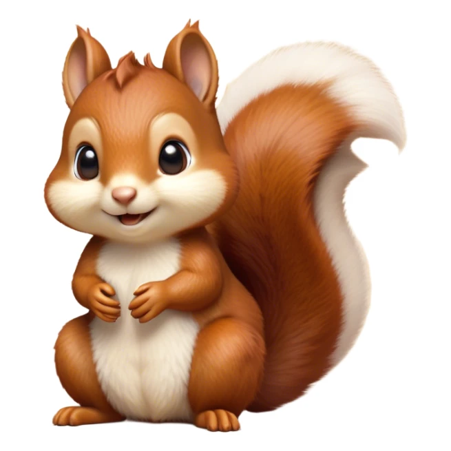 Cinematic Cute Squirrel Portrait Emoji, Head tilted playfully and inquisitively, featuring a fluffy, vibrant auburn Fur with a delicate cream belly and a bushy tail, round, sparkling eyes filled with curious mischief, Simplified yet irresistibly adorable features, highly detailed, glowing with a warm, friendly glow, high shine, affectionate and lively, stylized with a touch of woodland whimsy, bright and endearing, soft glowing outline, capturing the essence of a mischievous yet loving squirrel, so playful it feels like it could leap out of the screen and into your arms! sticker