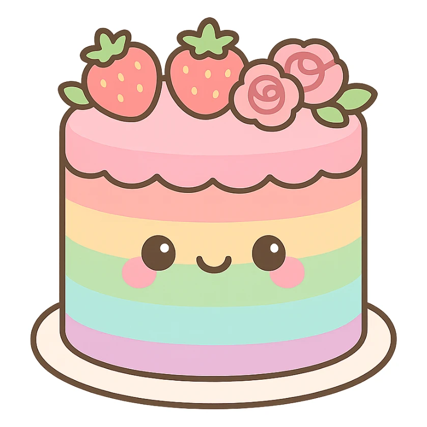 rainbow wedding cake with strawberries, pink roses, no topper, kawaii style sticker