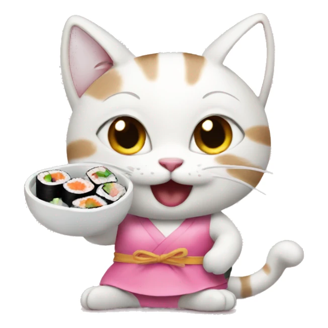 happy little cat in a pink dress eating sushi sticker