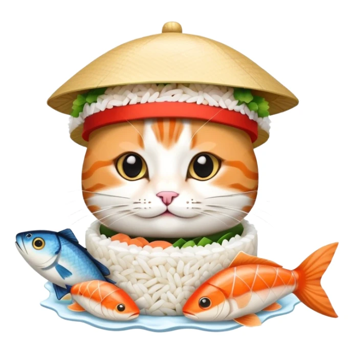 cat wearing a hat with a rice base and multiple fish pieces on top, sushi hat sticker