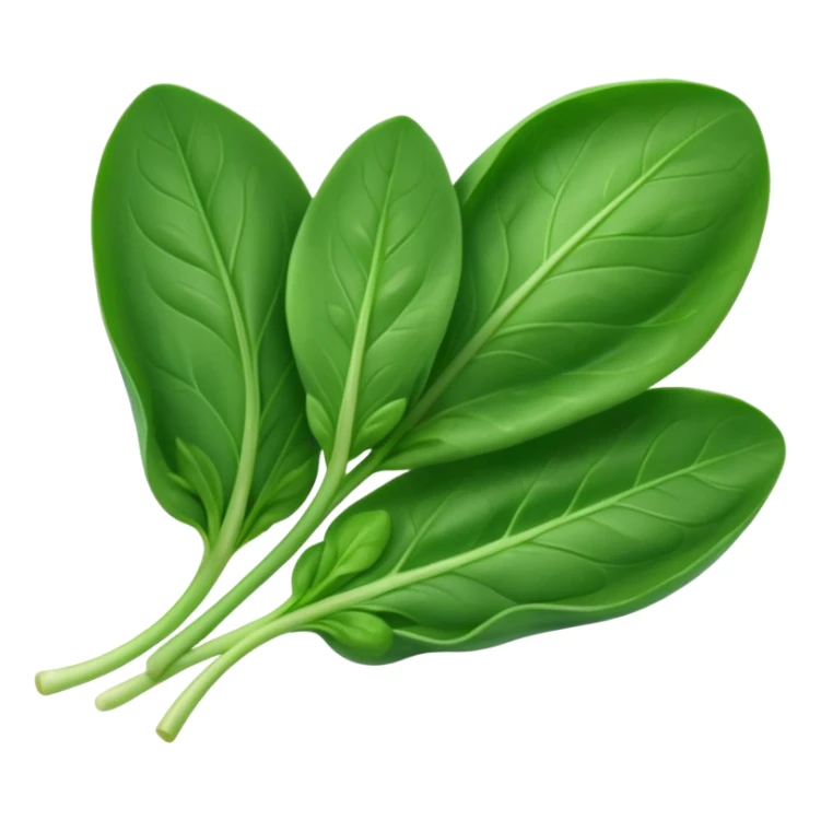 baby spinach leaves, small handful, vibrant green, smooth oval, delicate veins, slight curl, soft glossy surface, tender, fresh, no bowl, no water, no packaging, soft lighting, emoji scale sticker