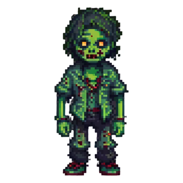 pixel art zombie, green skin, ragged clothes, simple background sticker