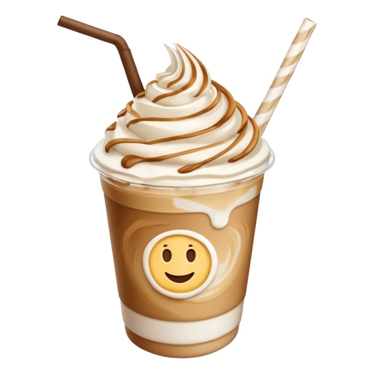 iced vanilla latte, top-down view, whipped cream swirl, straw, light brown and white, no text, emoji style sticker