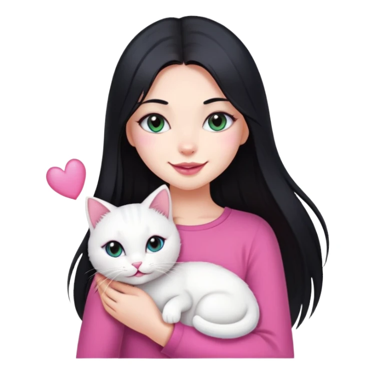a girl with long black straight hair, small pink lips with a bright smile, sharp slit eye that disappear when she smile, and holding a white pretty cat sticker