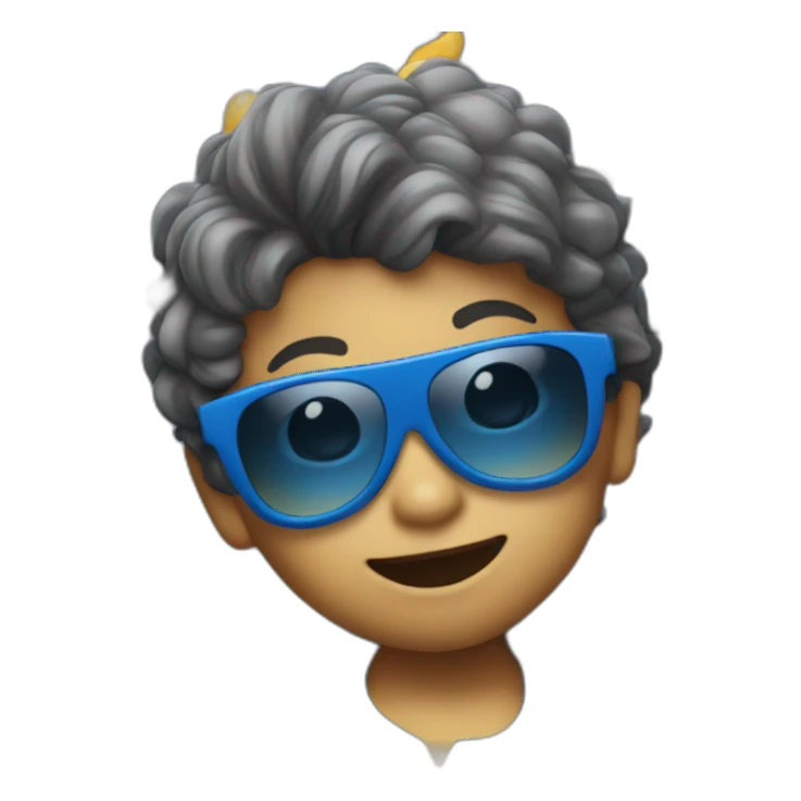 Little kid dancing at party with full blue suit and sunglasses sticker