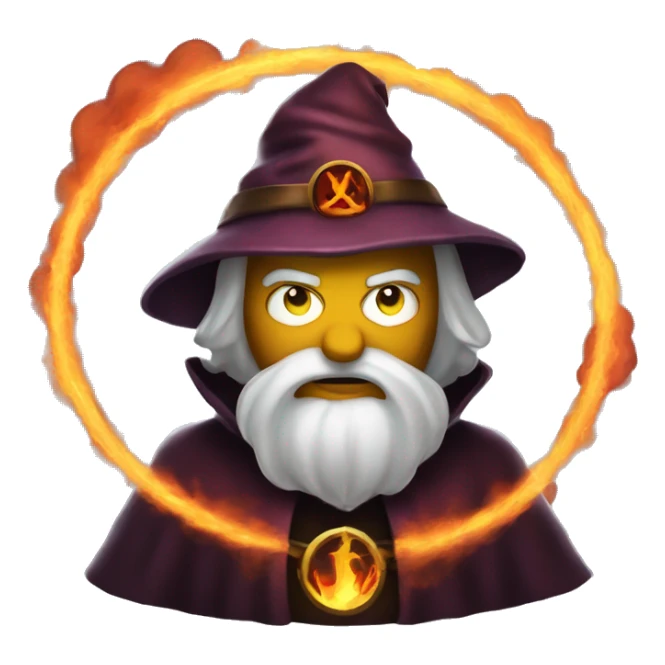 Human demonologist in a wizard costume, surrounded by a fiery halo, Halloween theme, emoji sticker