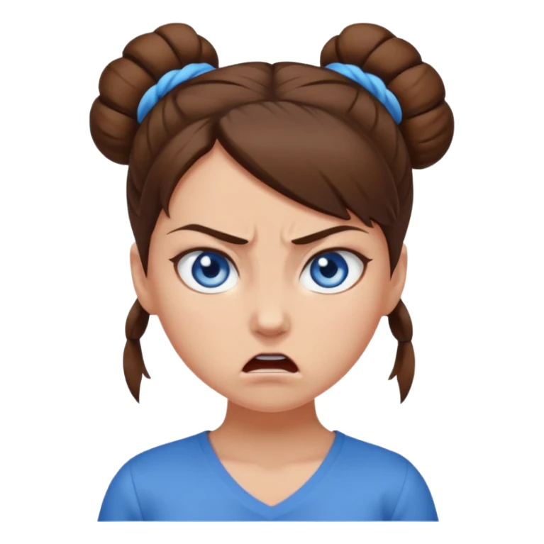 Girl with blue eyes, brown hair in a single bun, angry sticker