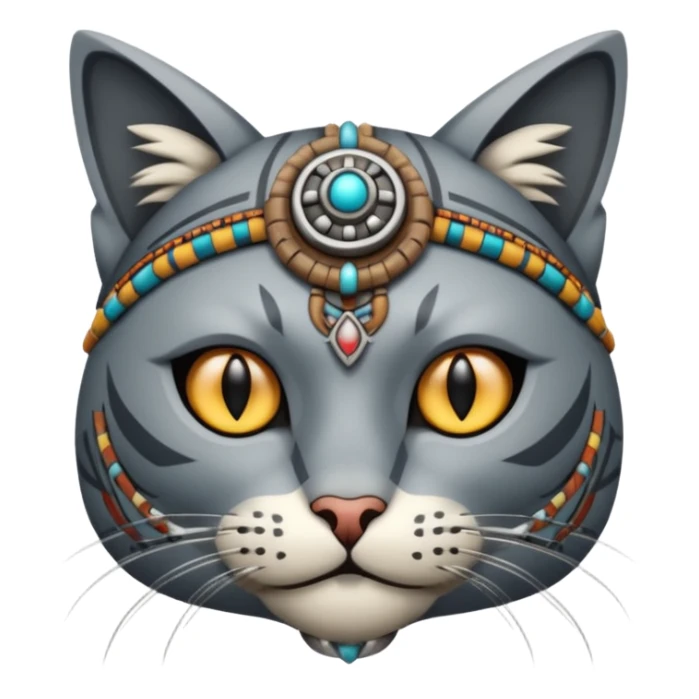 cat, wear tribal shaman cloth, half face robot sticker