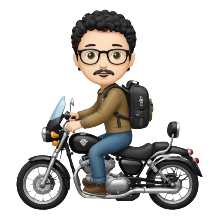 A young boy DEVELOPER WITH A backpack, black curly short hair, wearing glasses, a thin goatee, his skin is white, riding a motorcycle sticker